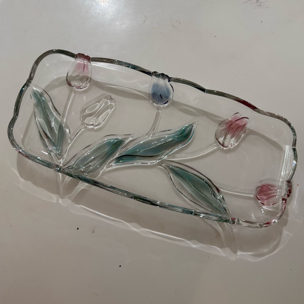 ‼️LAST CHANCE‼️ Vintage Rectangular Clear Glass Tray with Corlorful Tulip Design